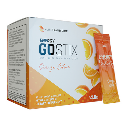 4Life Energy Go Stix - Healthy Energy Source - Orange Citrus Drink Mix - Contains Natural Caffeine from Guarana, Maca, Yerba Mate, and Green Tea Leaf Extract - 30 Packets, Side View With Packet