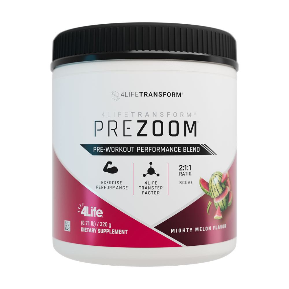 4Life Prezoom Preworkout 2:1:1 BCAA with All Natural Caffeine from Green Tea Leaf Extract, Betaine, L-Glutamine, L-Citrulline, Tyrosine, L-Theanine, 14g of Protein, Creatine, and Transfer Factors, Front View