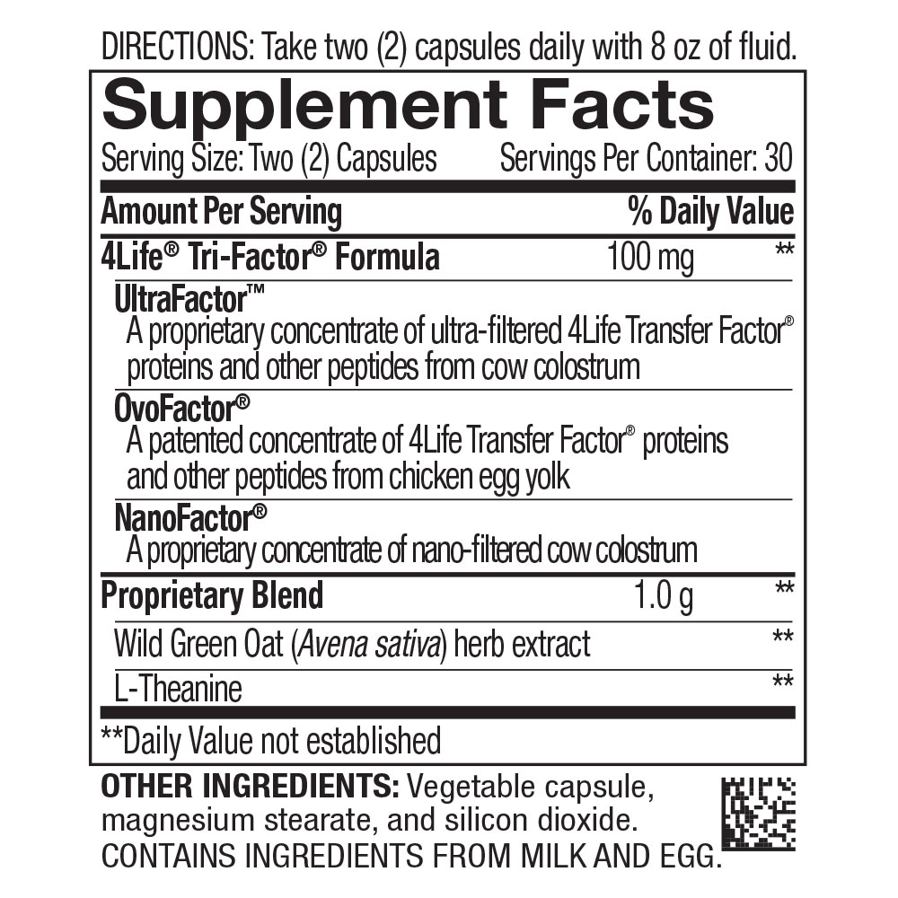 4Life Transfer Factor Reflexion - Targeted Mindset, Stress, and Brain Support with L-Theanine, Wild Green Oat, and Proprietary Tri-Factor Immune Support Formula - 60 Capsules, Supplement facts