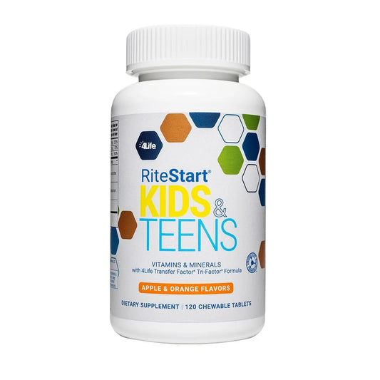 4Life RiteStart Kids & Teens 22 Essential Vitamins and Minerals with Vitamin A,C,D,E, Folate, Pantothenic Acid, Choline, Iron, and Zinc Ages 2 and Up,   Immune System Support Transfer Factor - Brain Support - 120 Chewable Tablets, Front Image