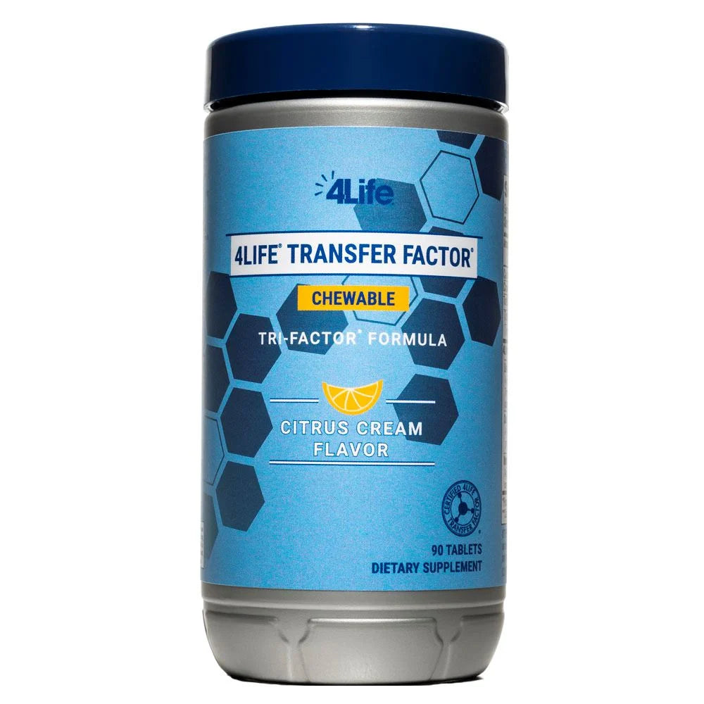 4Life Transfer Factor Chewable Tri-Factor Formula - Immune Support with Extracts of Cow Colostrum and Chicken Egg Yolk - Citrus Cream Flavor - 90 Chewable Tablets, Front Image