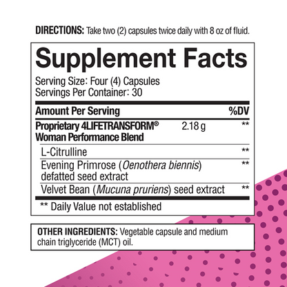 4LifeTransform Woman – Cellular Aging & Wellness Supplement for Women with L-Citrulline, Velvet Bean & Evening Primrose Extracts - Supports Healthy Skin & Nitric Oxide Production - 120 Capsules, Supplement facts